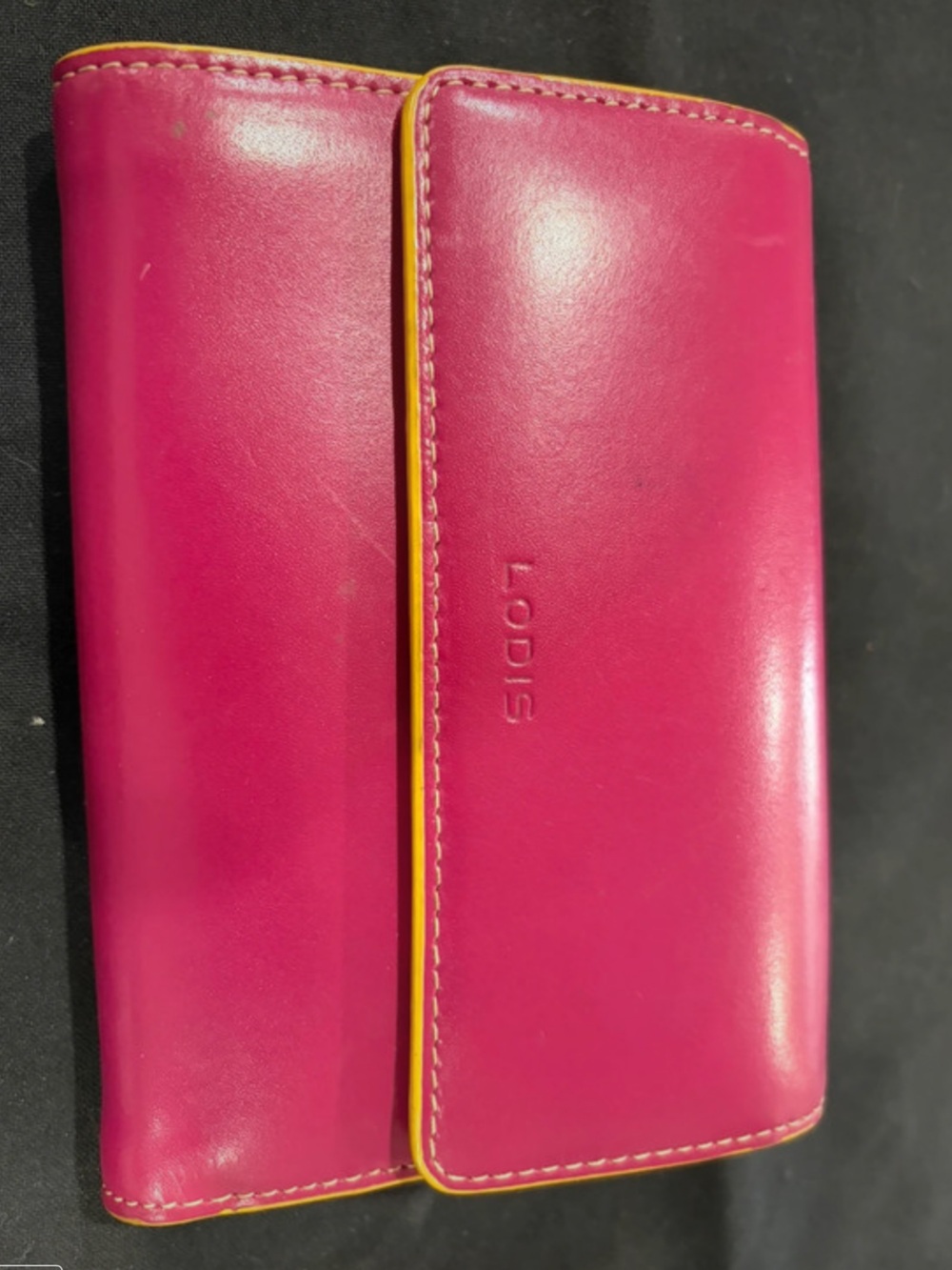 “Pre-Owned” Excellent Condition!  LODIS-Pink Leather Wallet With Yellow Lining